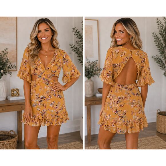 Angel Biba Dresses & Skirts - Angel Biba Boho Yellow Floral Ruffle Cutout Dress – Size Small